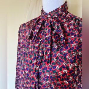 70s Vintage Tie-Up Bow Neck Red Patterned Shirt - Donaldsons brand